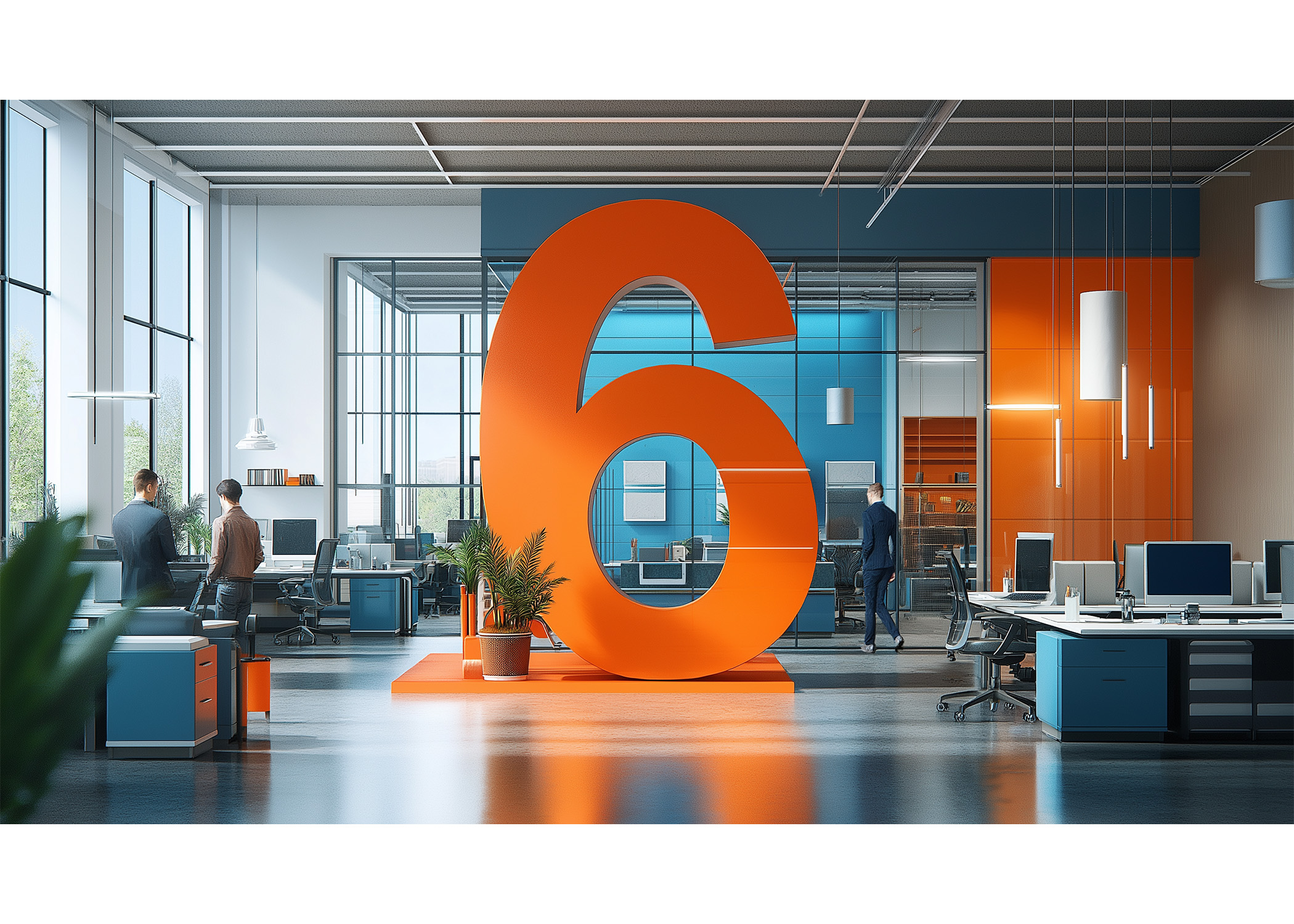 A large orange number six is prominently displayed in a modern office setting. The room features multiple chairs, a dining table, and a potted plant, creating a comfortable and inviting atmosphere.