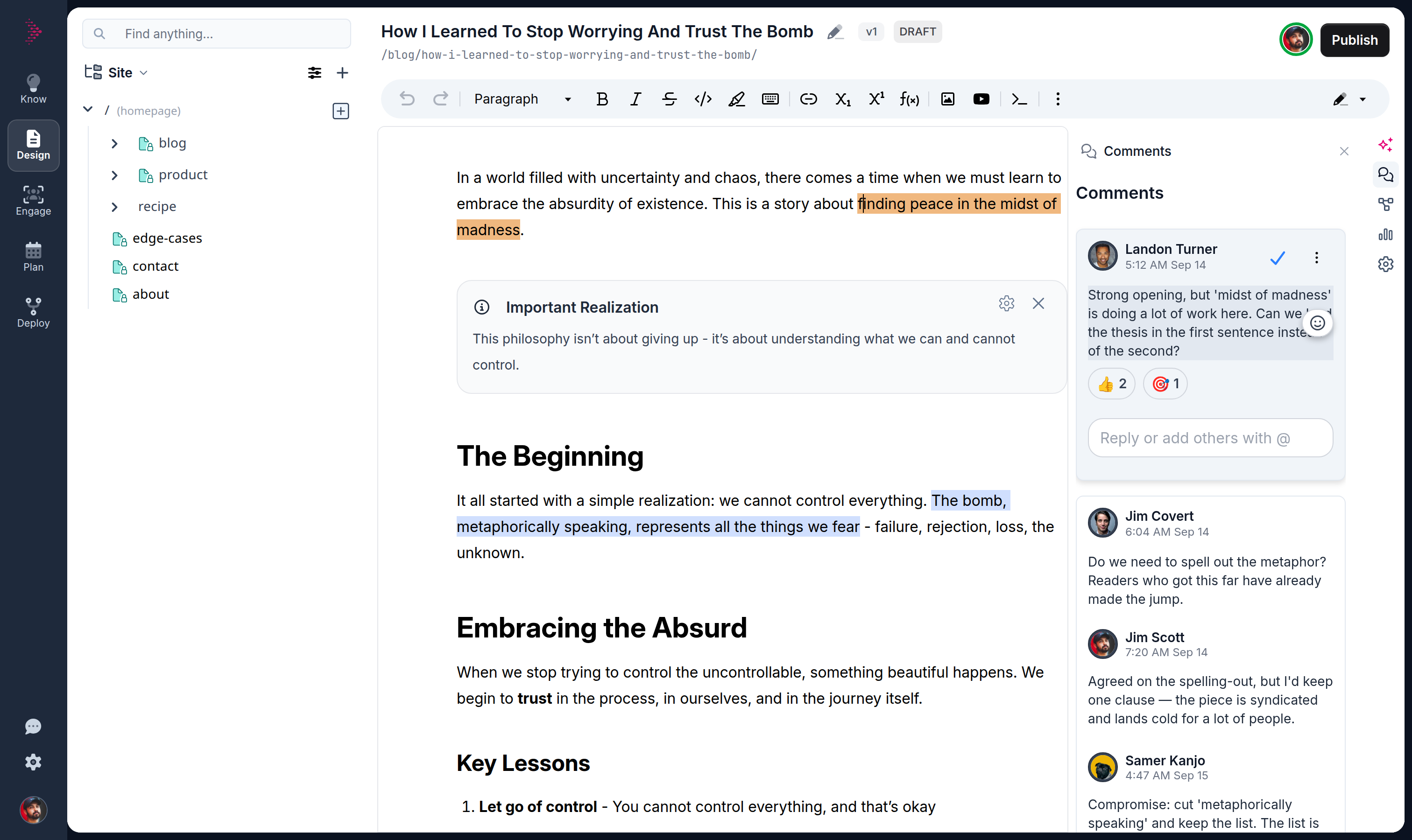 The Comments tab with three threads — one resolved, one with two replies — the selected thread's anchor highlighted in the canvas, a reaction chip with a count, and a reply composer open