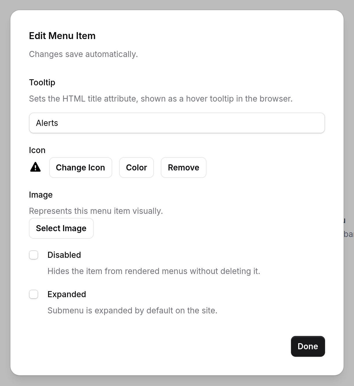 The Edit Menu Item dialog opened from a documentation menu leaf, showing Tooltip, Icon with a chosen glyph, Image, Disabled and Expanded, and no Description or Href field