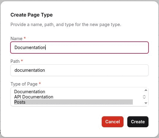 The Create Page Type dialog with Name set to Documentation, Path auto-filled to documentation, and the Type of Page select open