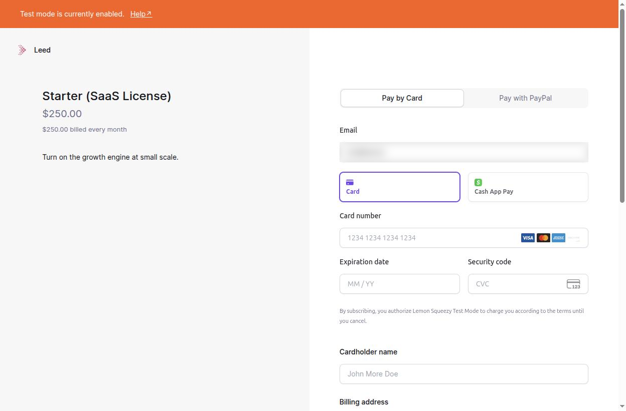 The hosted checkout overlay open on top of the CMS, with the plan, price, card fields and its own discount-code field