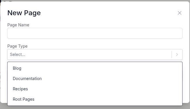 The New Page dialog with the Page Type select open