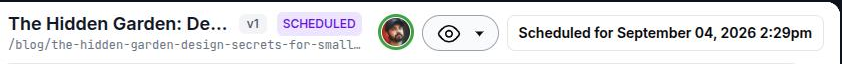 The header of a scheduled page: the violet SCHEDULED badge and the button reading Scheduled for a date