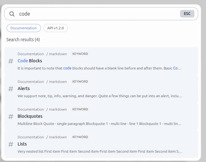 The site search modal open over a documentation page, showing the query input, the ESC hint and a list of results